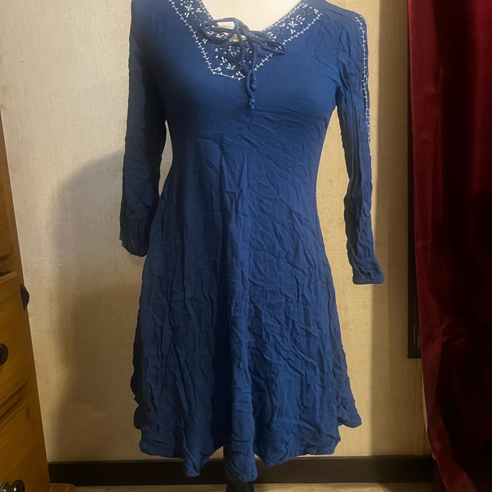 Mudd Blue A-Line Dress with 3/4 Sleeves and Scoop Neck